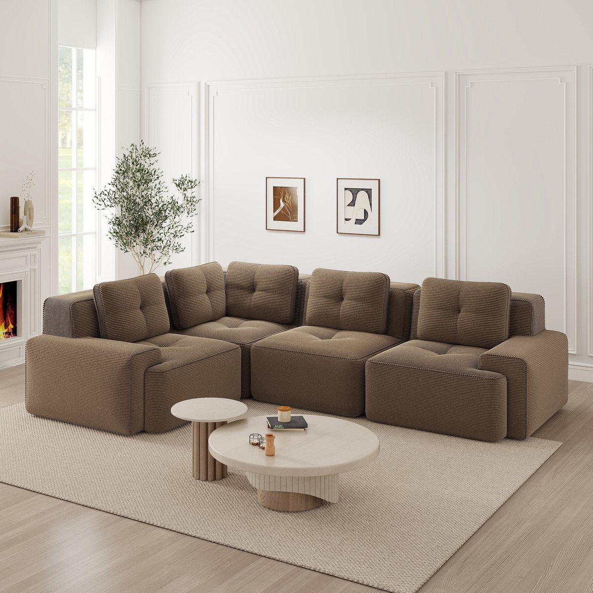 REDOM Modulaire 4-Zits Hoekbank – Brede Armleuningen – Ribstof Bekleding – Bruin – 382 x 104 x 69 cm