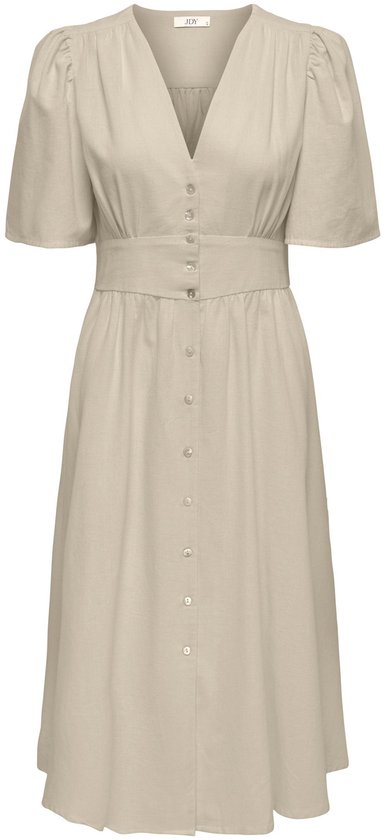 Beige midi-jurk met korte, pofmouwen, V-hals en knoopsluiting aan de voorkant.