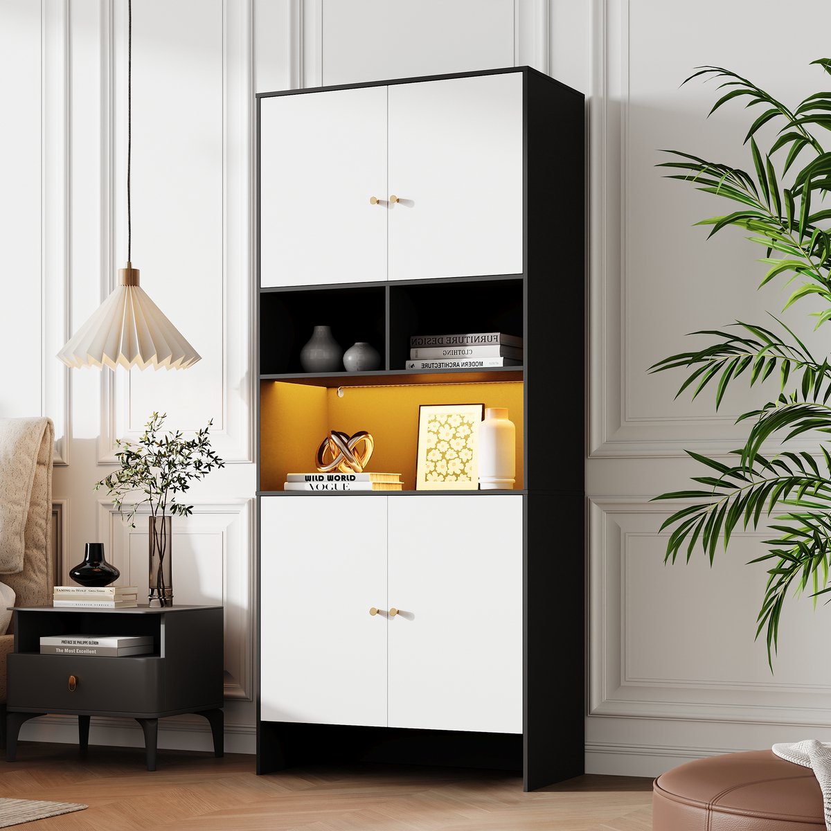 Multifunctionele kast - dressoir - 4 deuren en 3 open vakken - zwart-wit - van hout - ideaal voor de woonkamer, slaapkamer en keuken - afmetingen: 80 x 40 x 185 cm