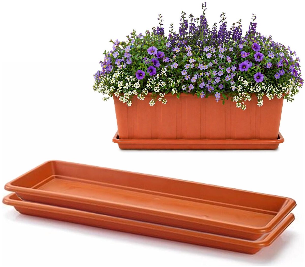 Plasticforte Plantenbak water onder opvangschaal - 2x - terracotta - rechthoek - 48 x 18 cm - Bloembakken