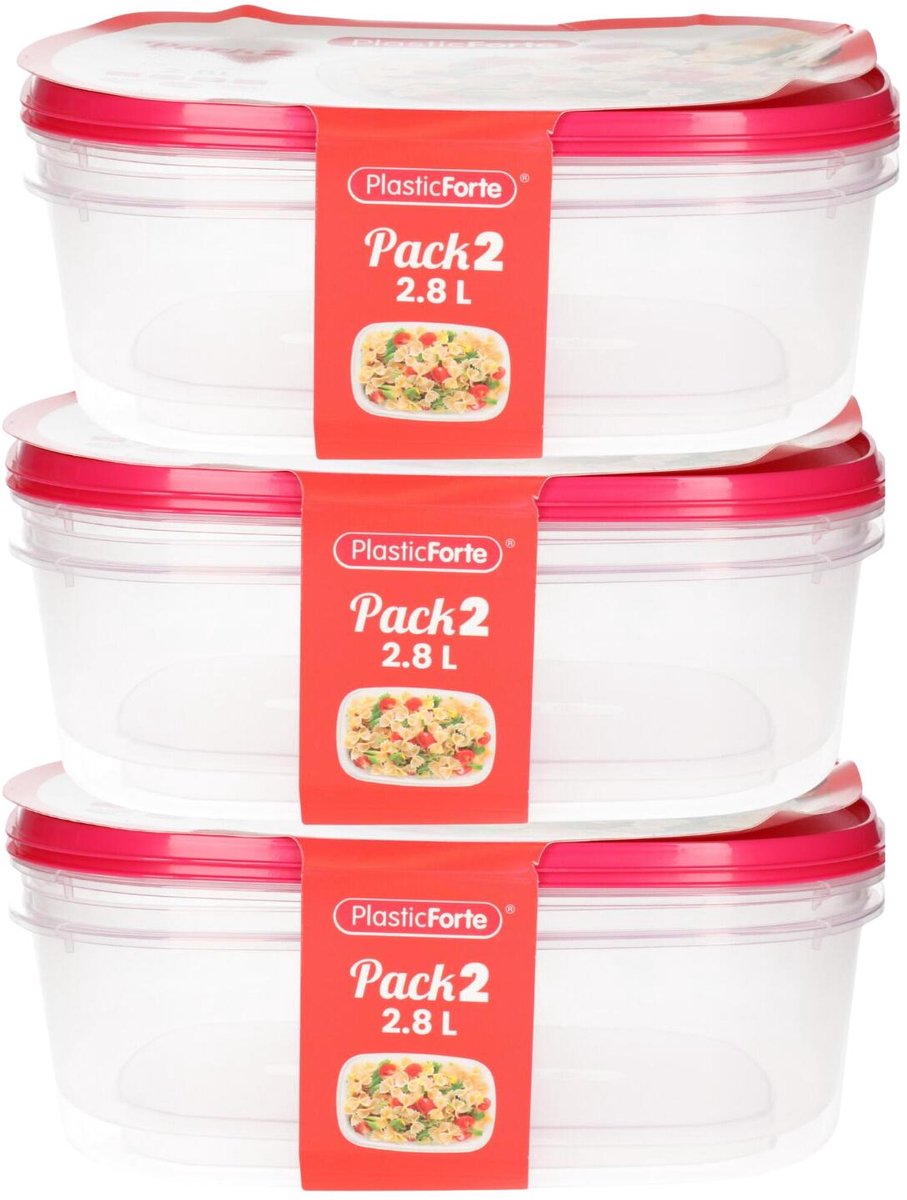 Plasticforte Vershoudbakjes - 6x stuks - 2.8 liter - herbruikbaar - transparant/roze - kunststof - magnetron - vriezer