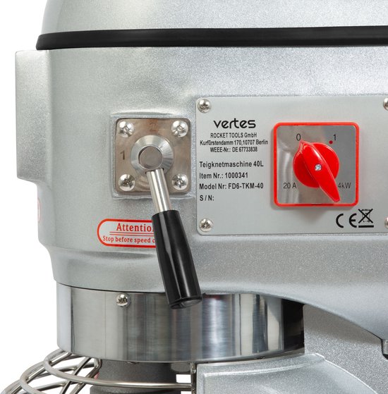 VERTES Professionele deegkneder, deegmachine met planetaire mengarm, inhoud 40 l, roestvrijstalen mengkom, mengblad, deeghaken en garde, 3 snelheden: 80, 160 en 310 tpm van Vertes — afbeelding 3