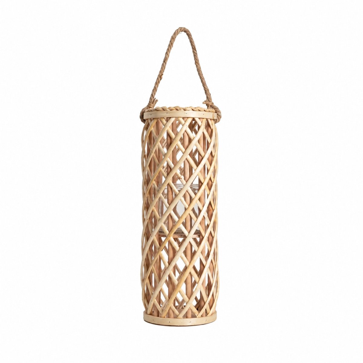 HOMLA - Radiant Lantaarn Smal Gevlochten Hout - Decoratieve Windlicht Lantaarn met Handvat - Natuurlijke Sfeerverlichting - Boho & Scandinavisch Interieur - Kaarsenhouder voor Woonkamer & Terras - 17 x 50 cm - Naturel