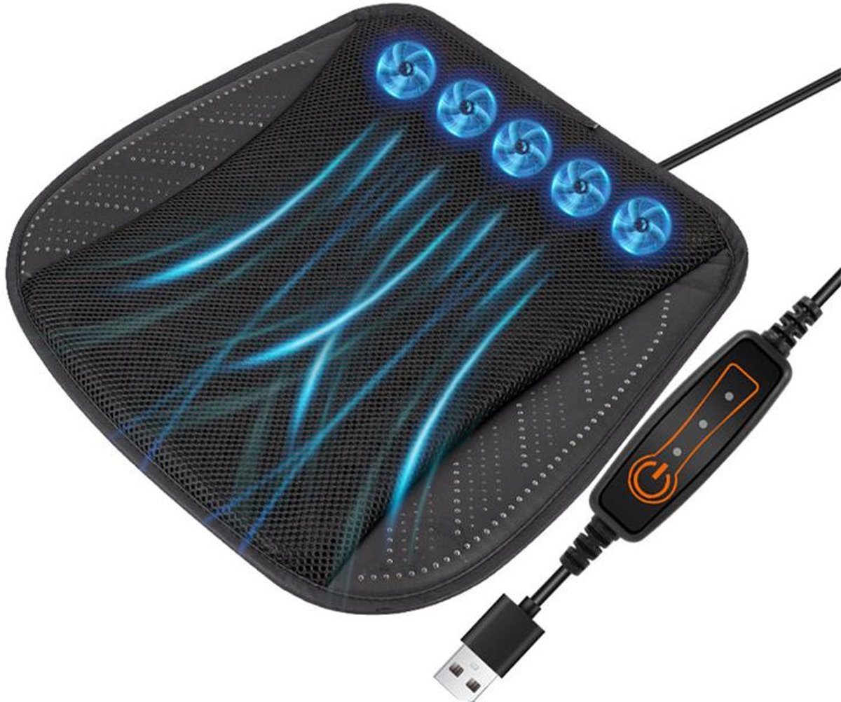 KZQ Zitkussen - Zitkussen met ventilator - Koelend zitkussen voor in de auto - Ademend mesh zitkussen - Ingebouwde 5 koelventilatoren - 3 instelbare snelheden - Geschikt voor auto's, thuis en op kantoor - 43 × 43cm - Zwart