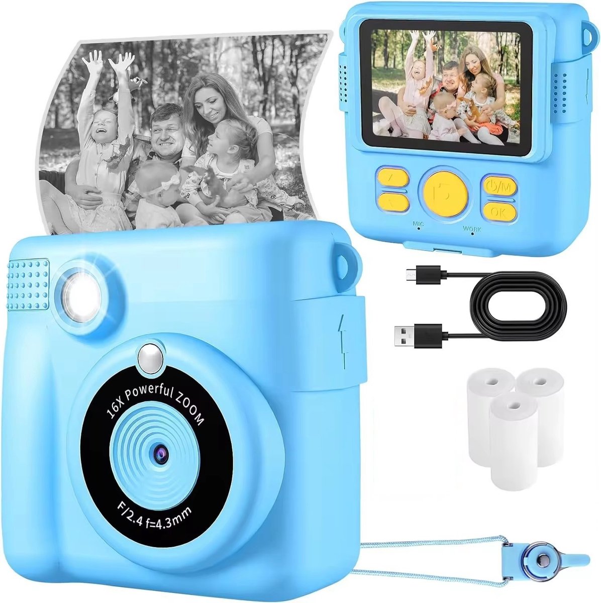 Kinder camera - Instant print camera - Kindercamera met foto printer - Blauw - ABS