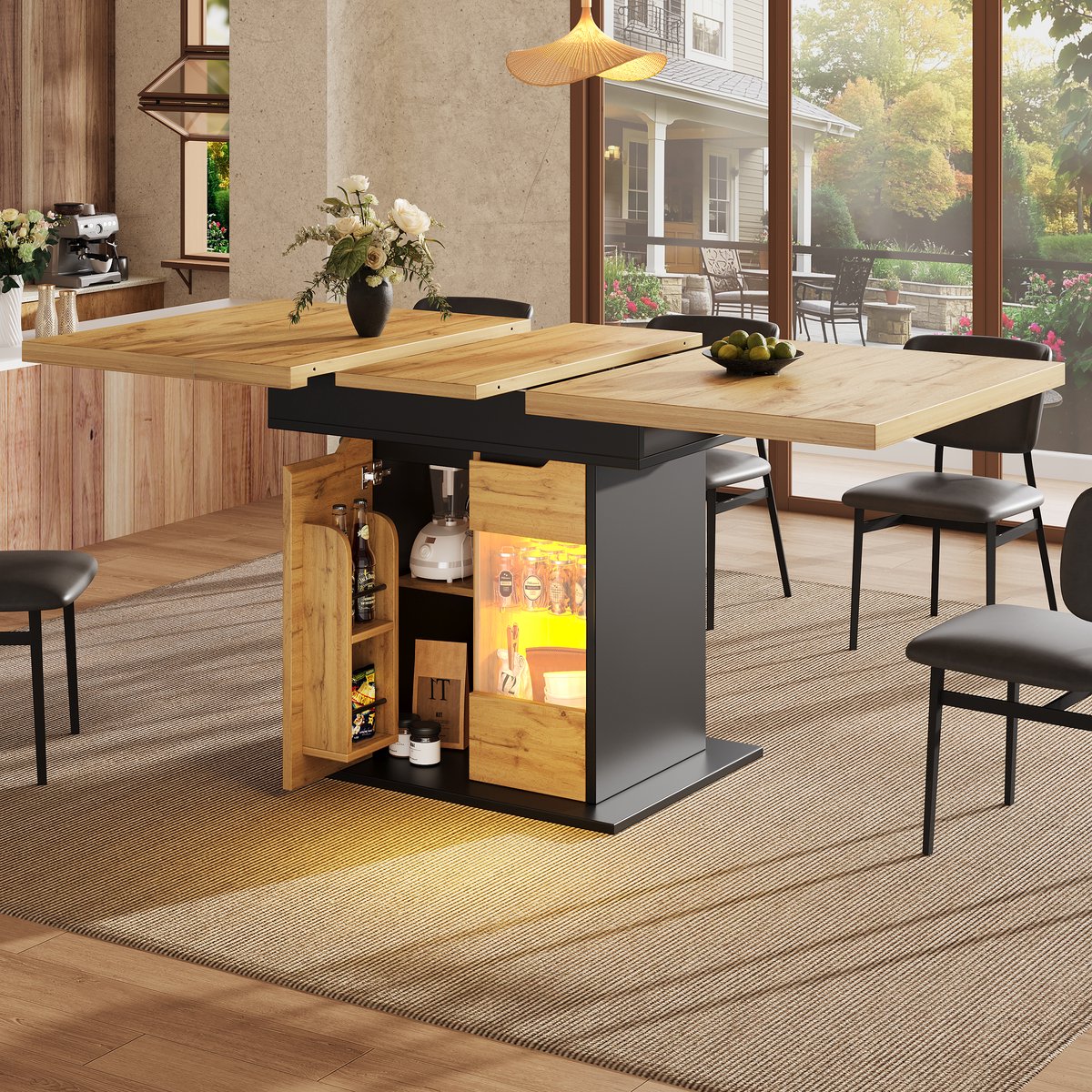 REDOM - Uitschuifbare Eettafel - Met Opbergruimte En Ledverlichting - Modern - MDF En Glas