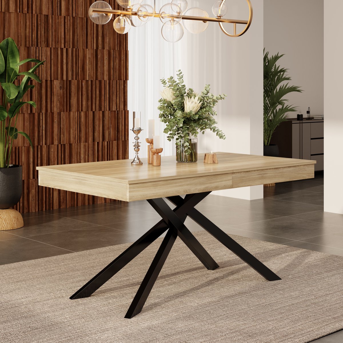 REDOM - Uitschuifbare Eettafel - Kruispoten - Eenvoudige Stijl - Eetkamer - MDF - Eikenkle