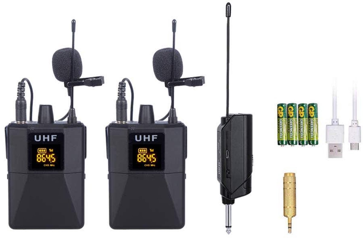 E-Lektron U-2B draadloze plug-in UHF microfoonset - 2 dasspeld microfoons