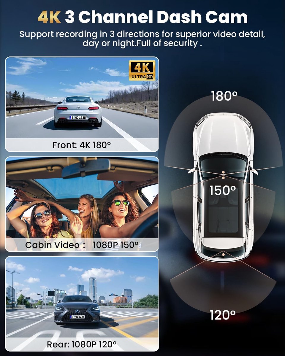 Dashcam Auto 4K 3 Kanaals - Voor, Achter en Interieur Camera - WiFi App - Nachtzicht - 64GB – foto 4