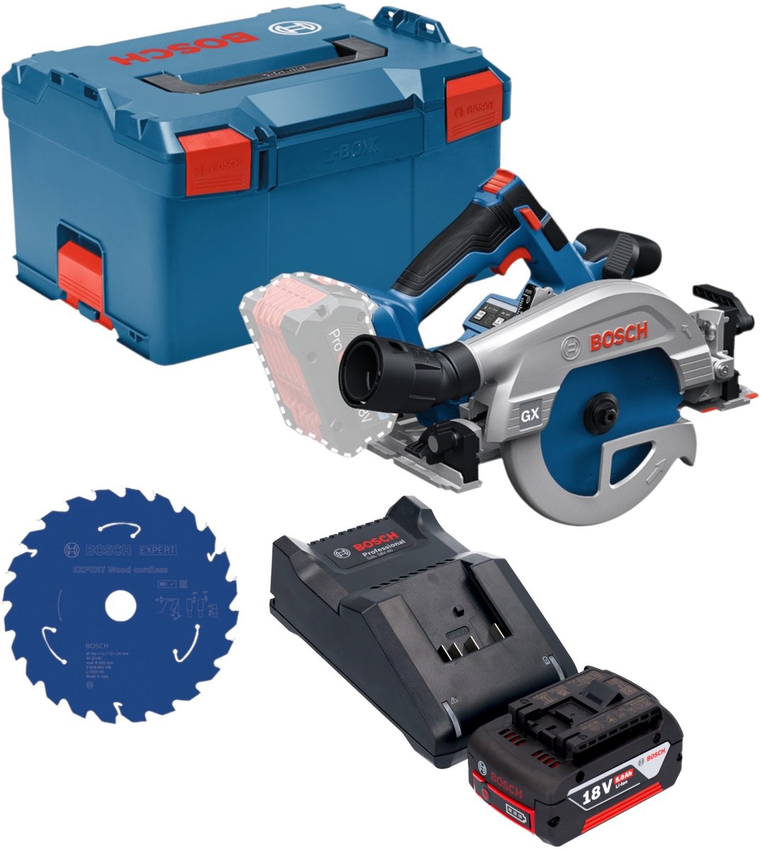 Bosch GKS 18V-57-2 GX Professional accu-cirkelzaag 18 V 165 mm borstelloos + 1x accu 5,0 Ah + oplader + L-Boxx