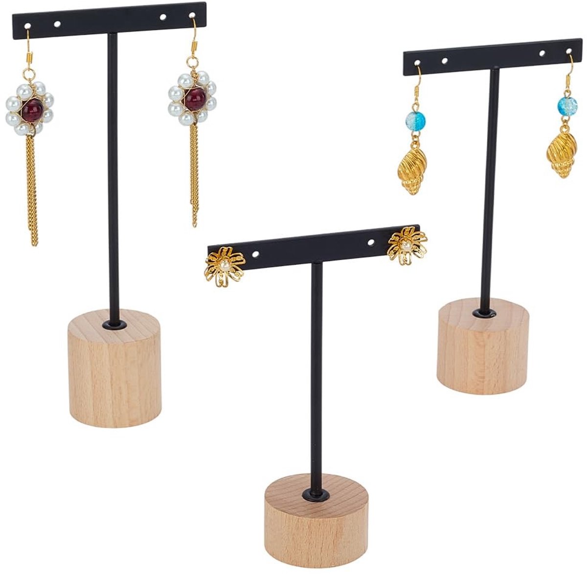 Dailygoods - Innovra - Set van 3 Zwarte Metalen Oorbelstandaarden met Houten Sokkel