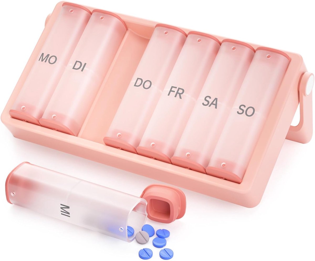 Pillenbox Set - 7 Dagen Medicijnbox - 14 Vakken - Semi-transparant Ontwerp - Voor Ouderen en Reizen - Roze