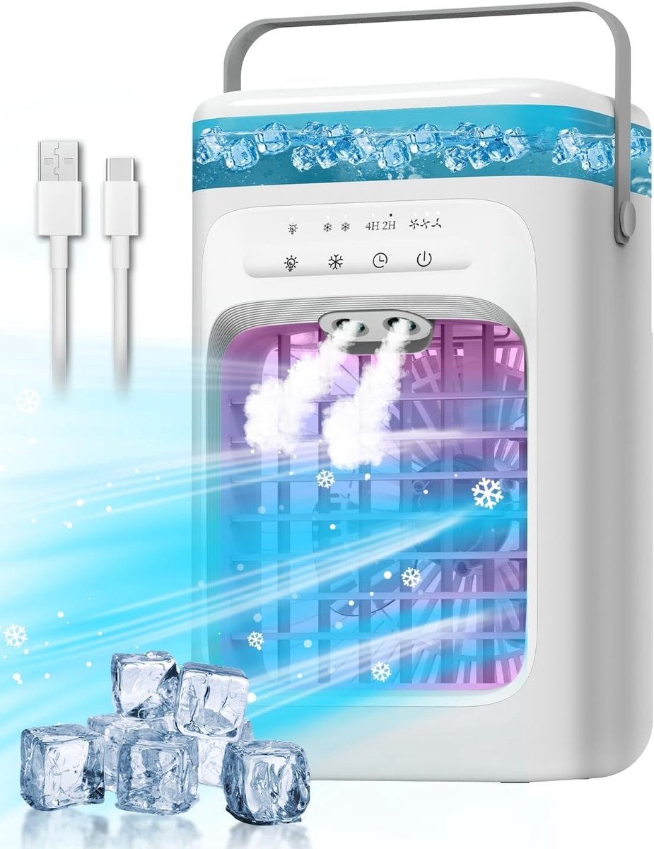 Ulisem - Draagbare airconditioner - Verdampingskoeler - 3 snelheden en 2 miststanden - 120° oscillerend - 7-kleuren nachtlampje - 2/4 uur timer - 1L tank - Type-C - Stil (35dB) - Wit