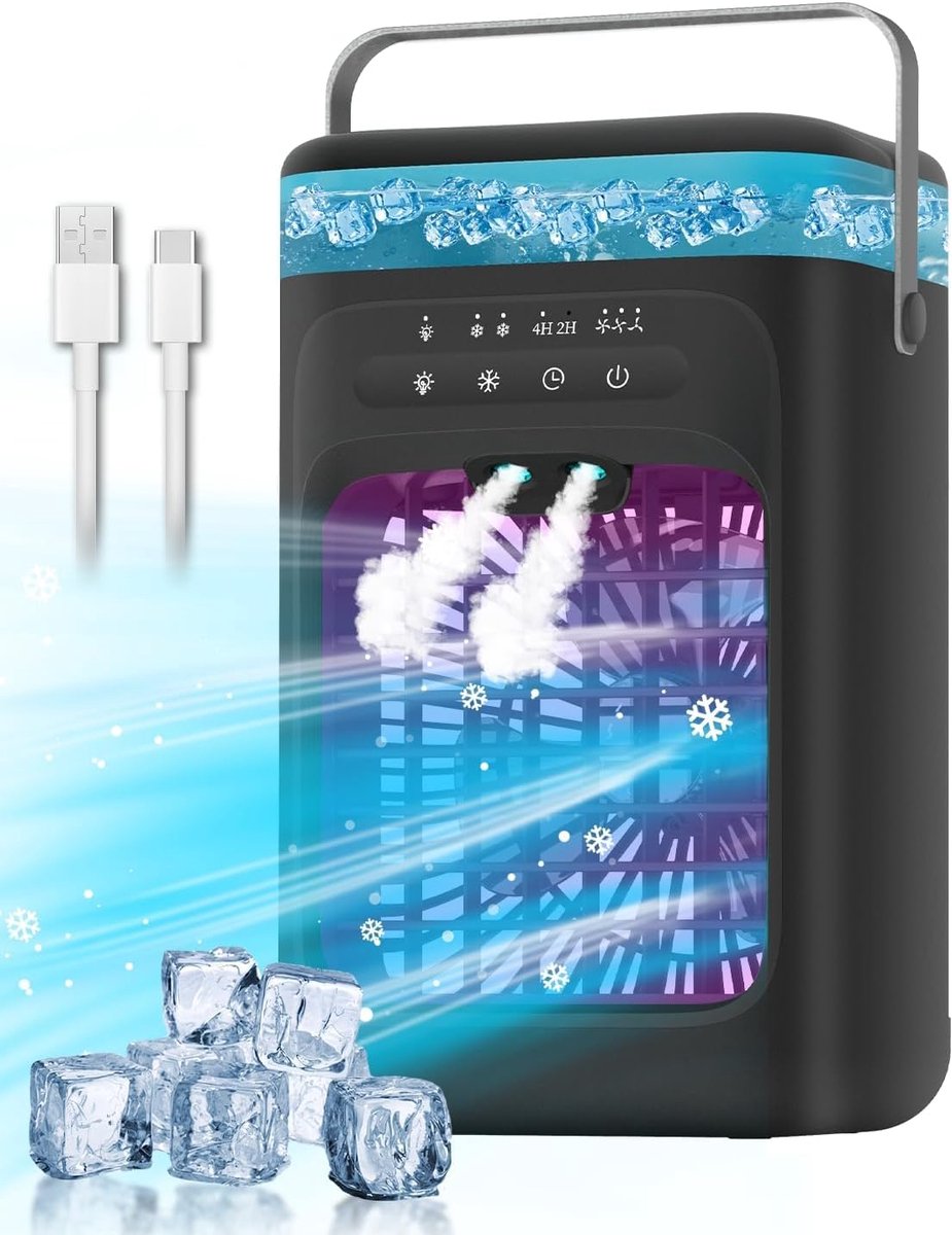 Ulisem - Draagbare airconditioner - Verdampingskoeler - 3 snelheden en 2 miststanden - 120° oscillerend - 7-kleuren nachtlampje - 2/4 uur timer - 1L tank - Type-C - Stil (35dB) - Zwart