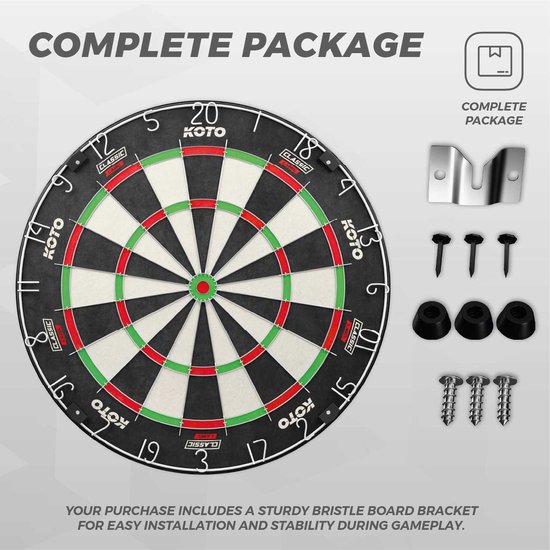 KOTO King Classic dartbord met complete installatiepakket: beugel, schroeven en pluggen.