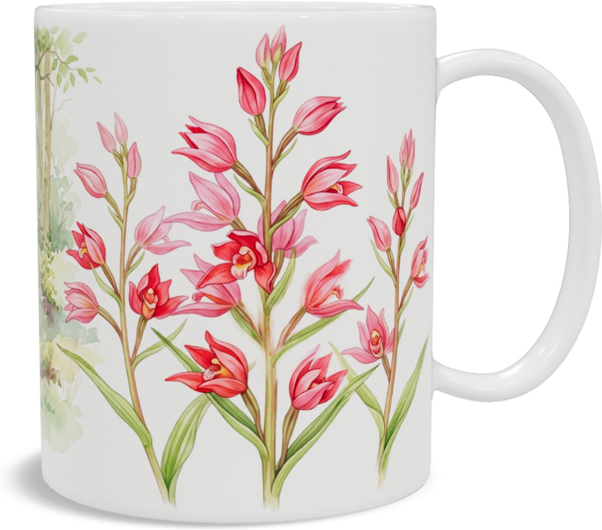 Mok met Bosvogeltje - Cephalanthera rubra - Aquarel Bos