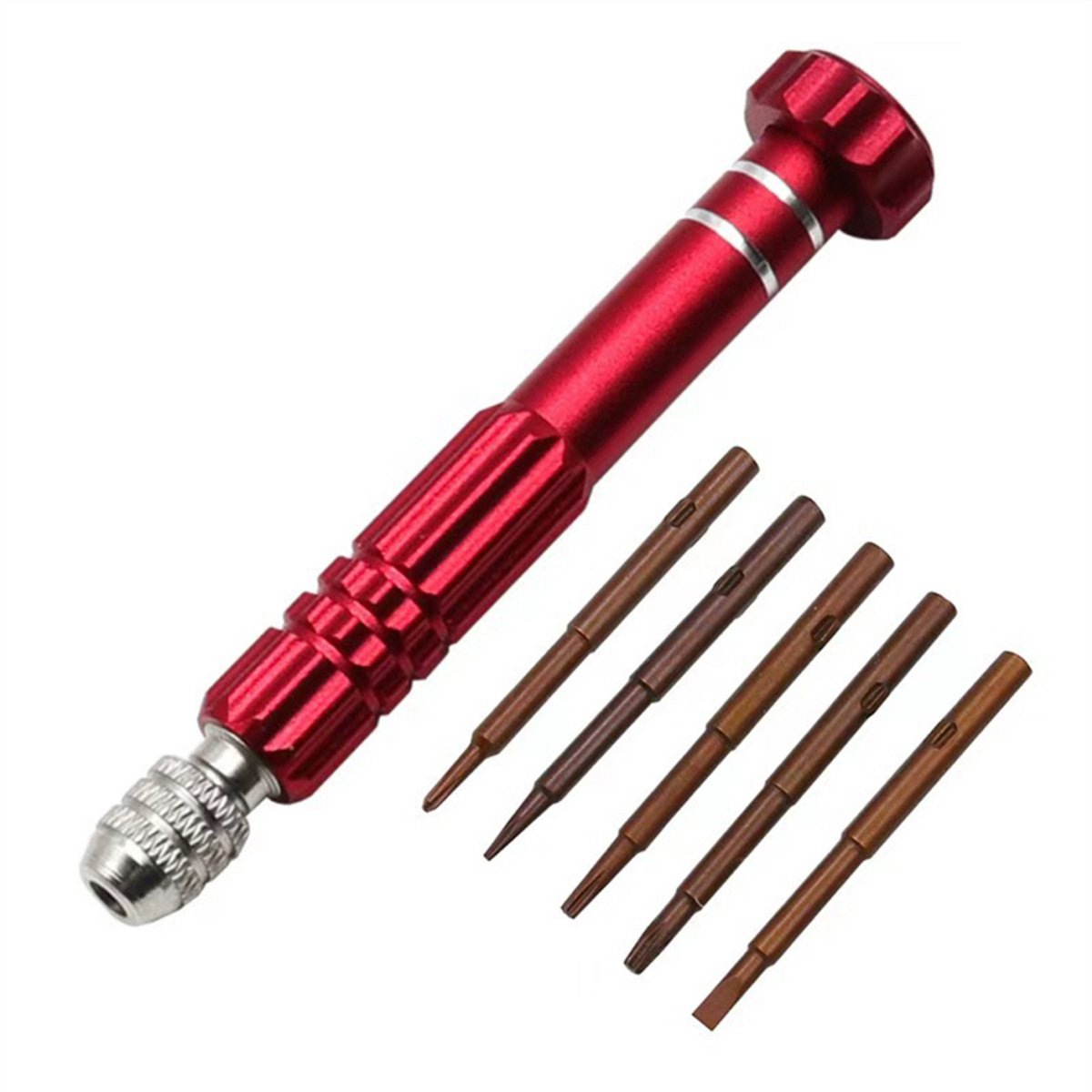 Deze multifunctionele 5-in-1 schroevendraaierset bevat een platte schroevendraaier, een kruiskopschroevendraaier, een Torx-schroevendraaier en een schroevendraaier voor het onderhoud van computerbrillen (rood).