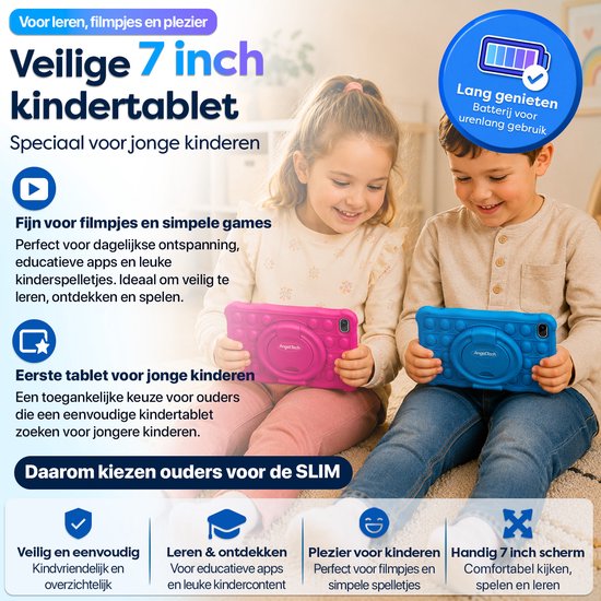 Twee kinderen, een jongen en een meisje, met blauwe en roze AngelTech kindertablets