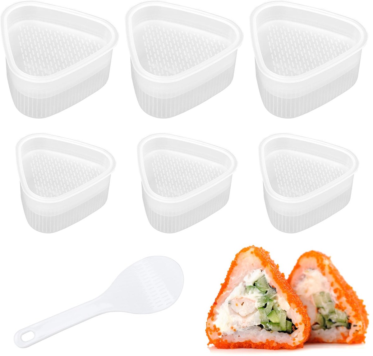 carmdering - Onigiri Vorm - Rijstballetjes Mal - Driehoekige Keukengerei - Traditionele Japanse Bereiding - Inclusief Rijstlepel - Voedselveilig Kunststof - Stapelbaar Ontwerp - Tijdbesparend Gemak - 6 Delige Set