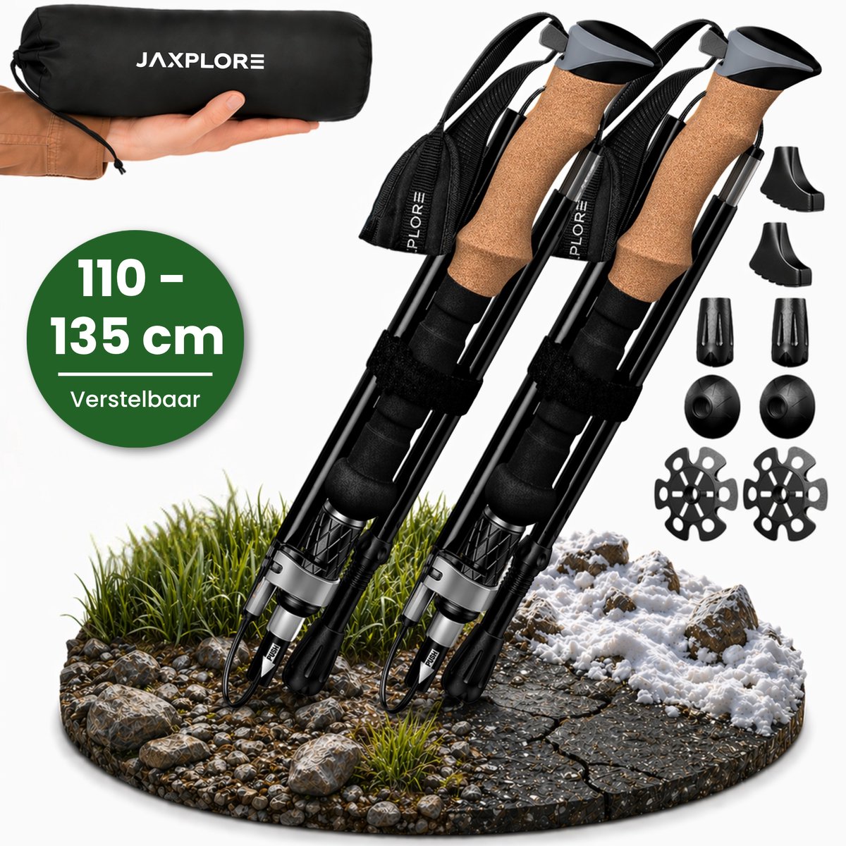 Jaxplore Nordic Walking Stokken - Wandelstokken - Telescopisch verstelbaar en Opvouwbaar - 110-135cm - Luxe polsriem - Trekkingstokken - Zwart