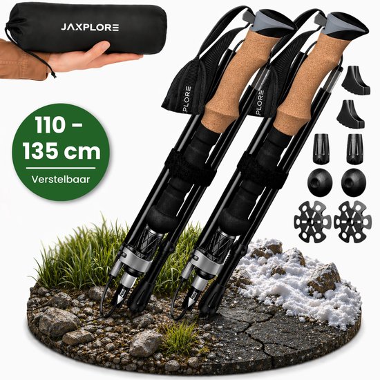 Jaxplore Nordic Walking Stokken - Wandelstokken - Telescopisch verstelbaar en Opvouwbaar - 110-135cm - Luxe polsriem - Trekkingstokken - Zwart