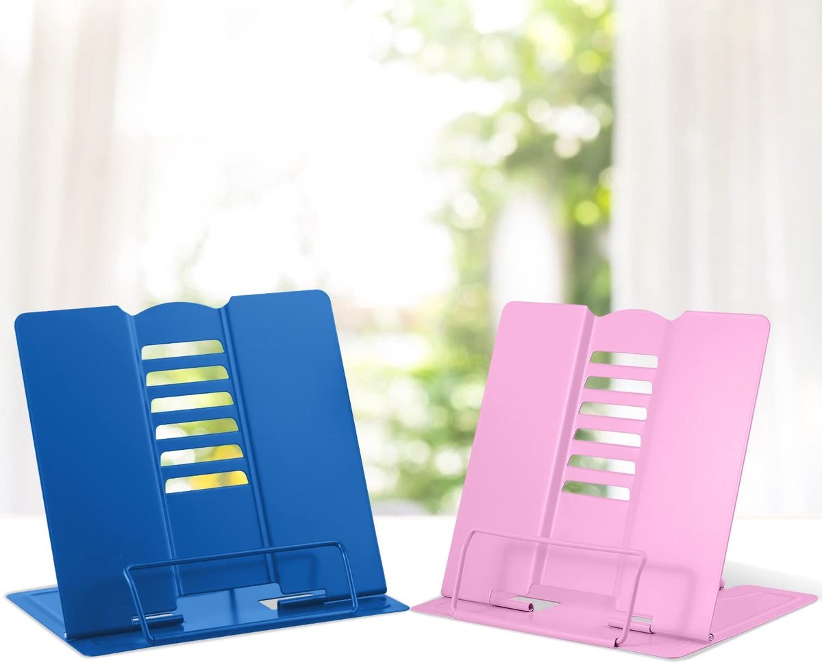 Dailygoods - Innovra - Dailygoods - Dailygoody - Boekenstandaard - Kookboekhouder - Lichtgewicht en verstelbaar - Donkerblauw en roze - Documenthouder - Geschikt voor tablets en boeken -