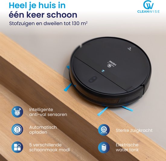CleanWise Henk Robotstofzuiger – Nederlands Product – Voor Huisdieren – Met Dweilfunctie & Laadstation – Dweilrobot – 4500 Pa – HEPA 14 – Ultra dun 7,4 cm – App & Spraakbediening – Voor Huisdierharen, Harde Vloeren & Tapijt