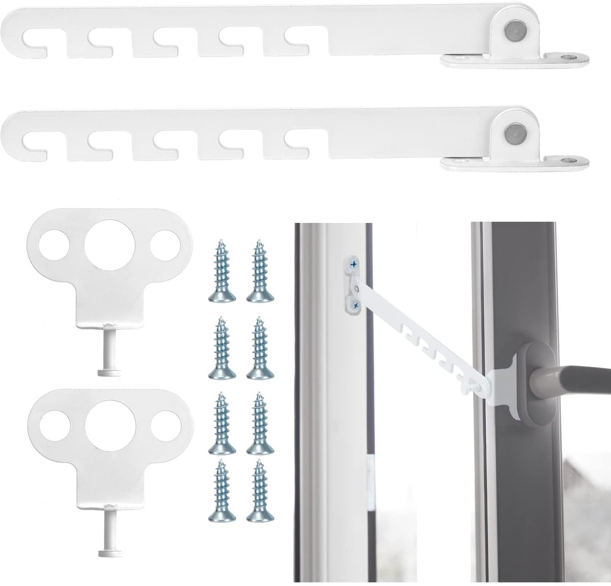 Dailygoods - Dailygoody - Raamgrendel - Verstelbare raamvergrendeling - Veilig en sterk - Wit - Raamstopper - Geschikt voor alle ramen - 2 stuks