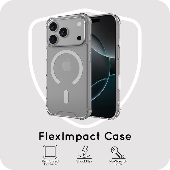Transparante FlexImpact Case met MagSafe voor iPhone 14 Pro. Met versterkte hoeken, ShockFlex en een krasvrije achterkant.