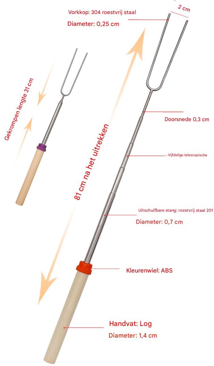 8-stuks Hotpot vorkenset - Hotpot vork - BBQ vork - Roestvrijstalen vork - Kaasfondue vork - Telescopische vork - 31-81 cm - Houten handvat - Geschikt voor het roosteren van marshmallows, hotdogs, worstjes, groenten, enz. - Houtkleur — afbeelding 2