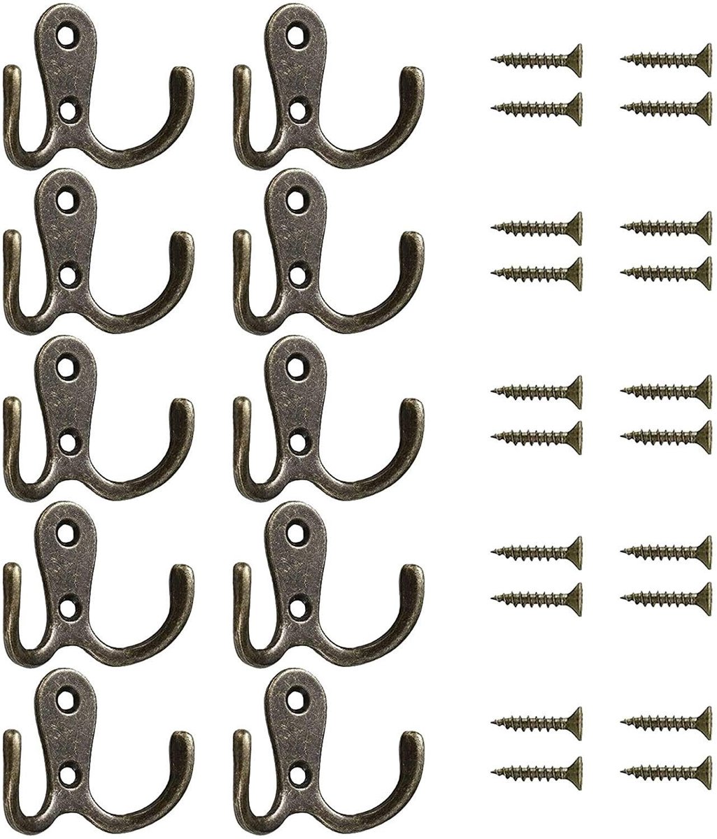 Dailygoody - Vintage Metalen Haak - Dubbele Haken - Antiek Ontwerp - Bruin - Voor Kleding en Handdoeken - Geschikt voor Keuken, Badkamer en Slaapkamer