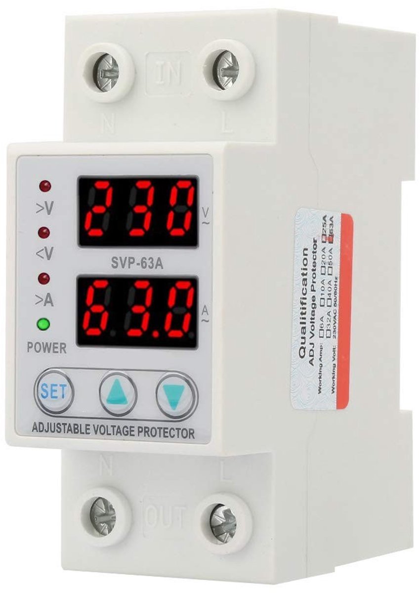 Dailygoods - Dailygoody - 1-Fase Overstroombeveiliging - Spanningsstroombeschermer - 63A - Instelbaar - AC 230V - Bescherming tegen overspanning - Ideaal voor