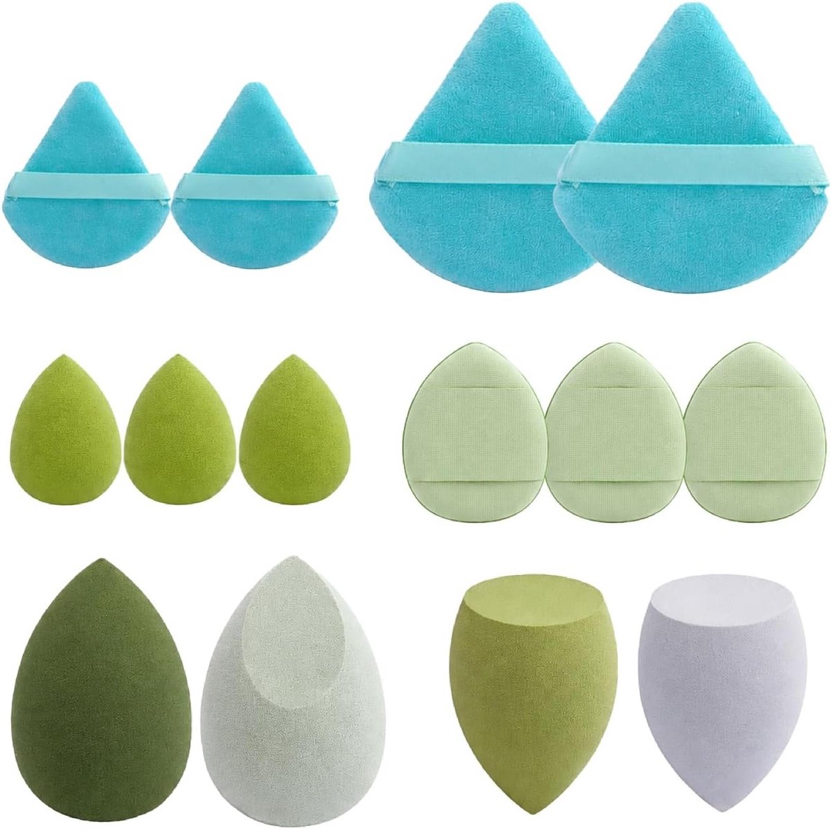 Wasbare make-up applicators, 14 stuks, latexvrij, driehoekige poeder puff voor vloeibare foundation, veelzijdig voor droog en nat gebruik, diverse vormen en maten (groen)