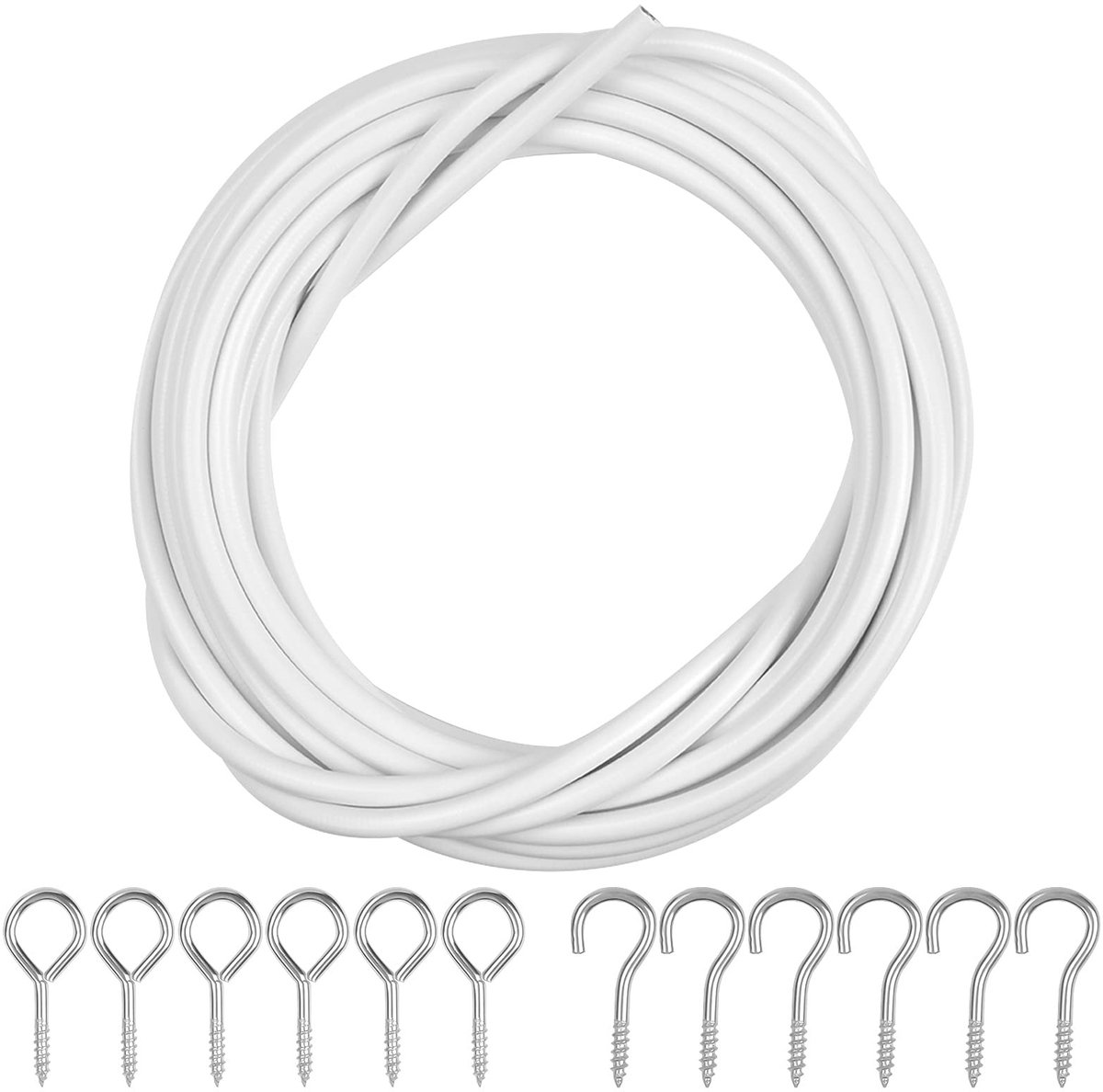 Dailygoods - Dailygoody - Staalkabel 10 M - Gordijnroede Set - Wit - Inclusief Haken en Ogen - Geschikt voor raamdecoratie - 10 Paar haken