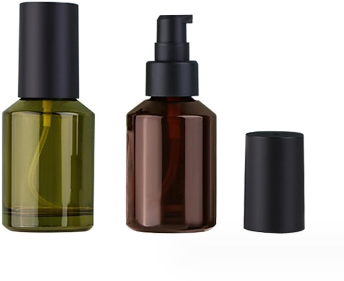 Dailygoods - Dailygoody - Glazen Reisflessen - Pompflessen voor Cosmetica - Wijnrood + Groen - Lekvrije Dispenser - Geschikt voor Shampoo en Olie - 60ml