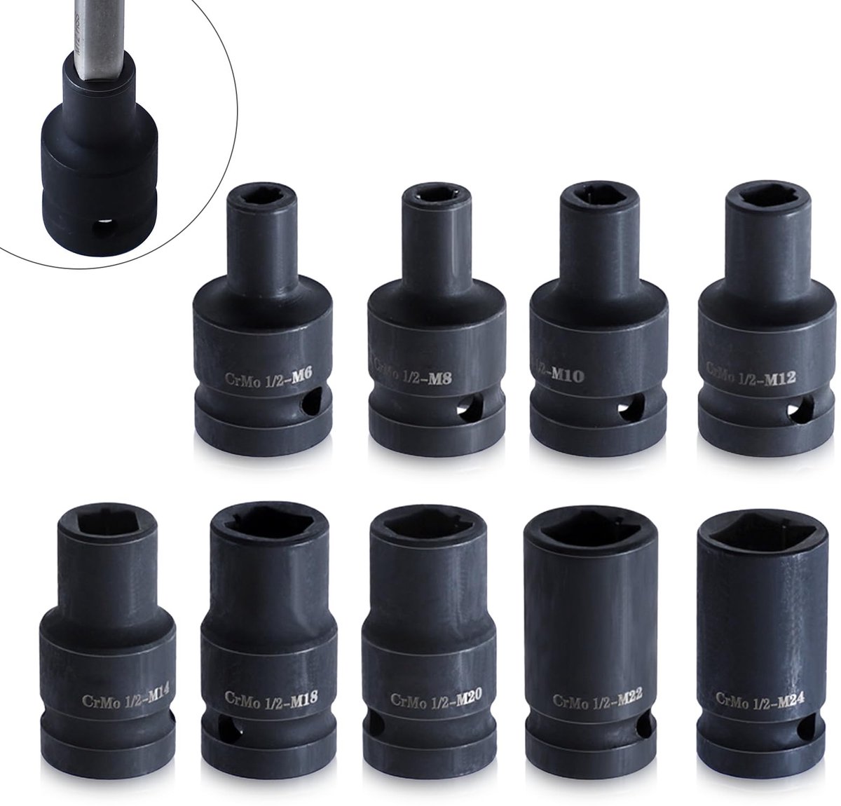 Dailygoods - Dailygoody - 9-delige Tapdoppenset - Dopsleutelset - Geschikt voor Elektrisch en Pneumatisch Gereedschap - 1/2 Inch Aandrijving - Cr-molybdeenstaal -