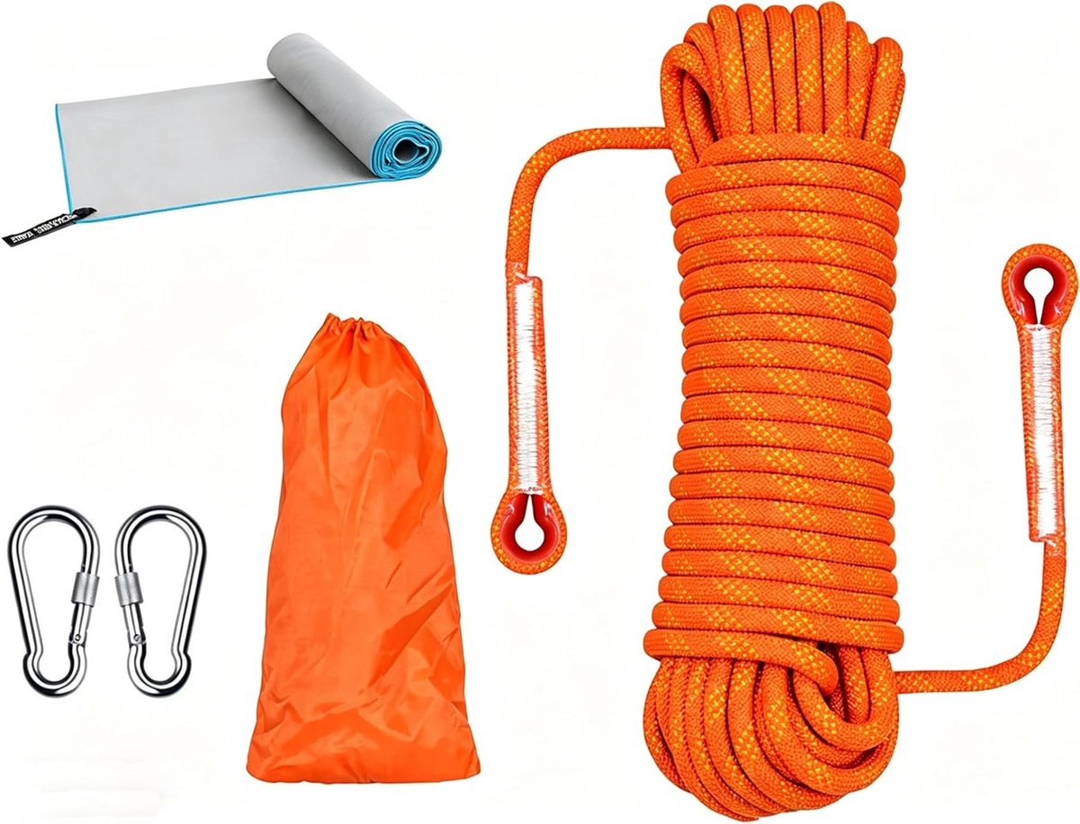 Multifunctionele Outdoor Touwset met Sneldrogende Handdoek, 10 mm Nylon Touw en 2 Karabijnhaken, Belastbaarheid tot 1200 kg voor Redding, Bergbeklimmen en Kamperen