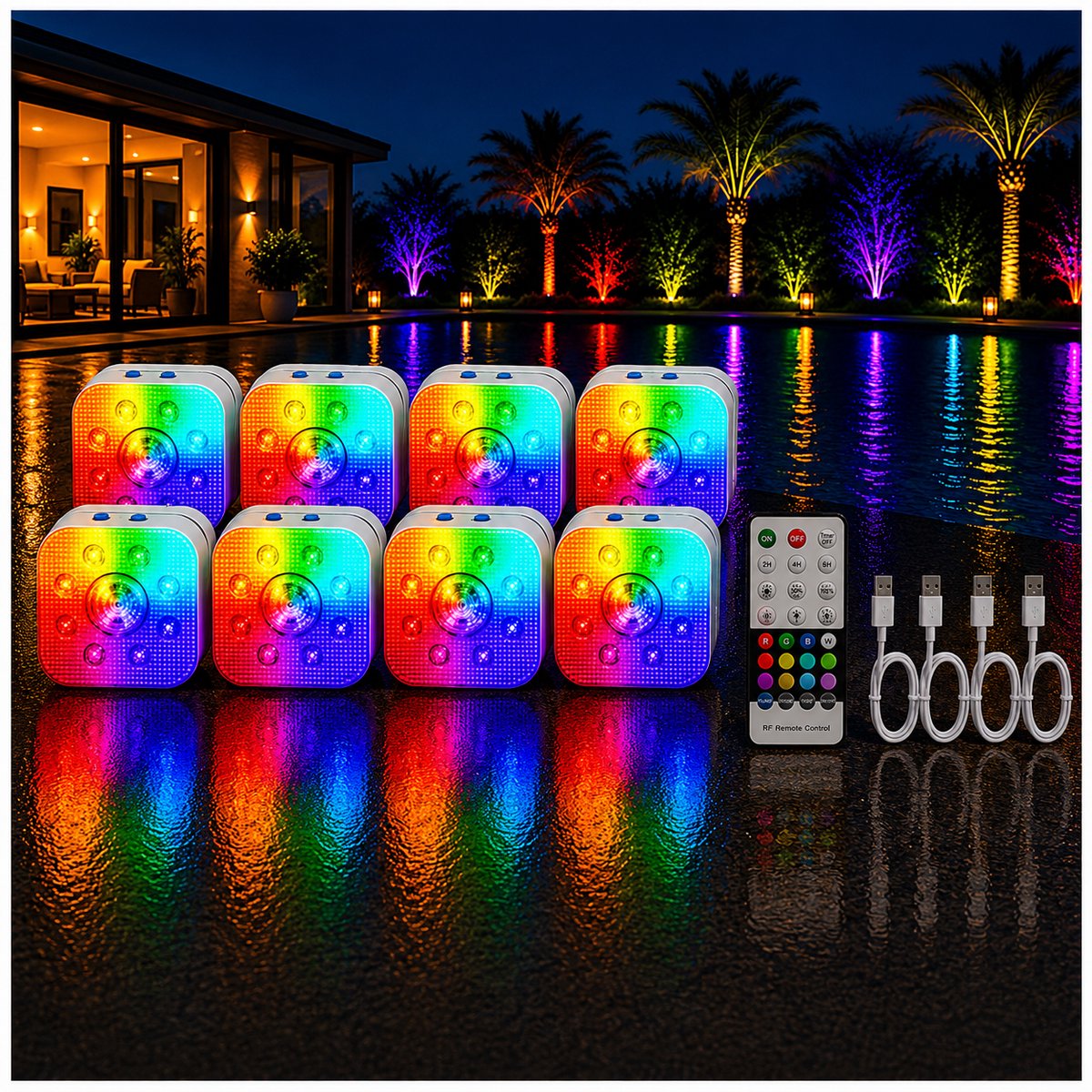 DORSETTO Premium Zwembad Verlichting Set van 8 – Tot 200 Uur Brandduur – IP68 Oplaadbare LED Onderwater Verlichting – RGB Zwembadlampen met Afstandsbediening – Jacuzzi, Spa en Vijver Verlichting – 2026 Model