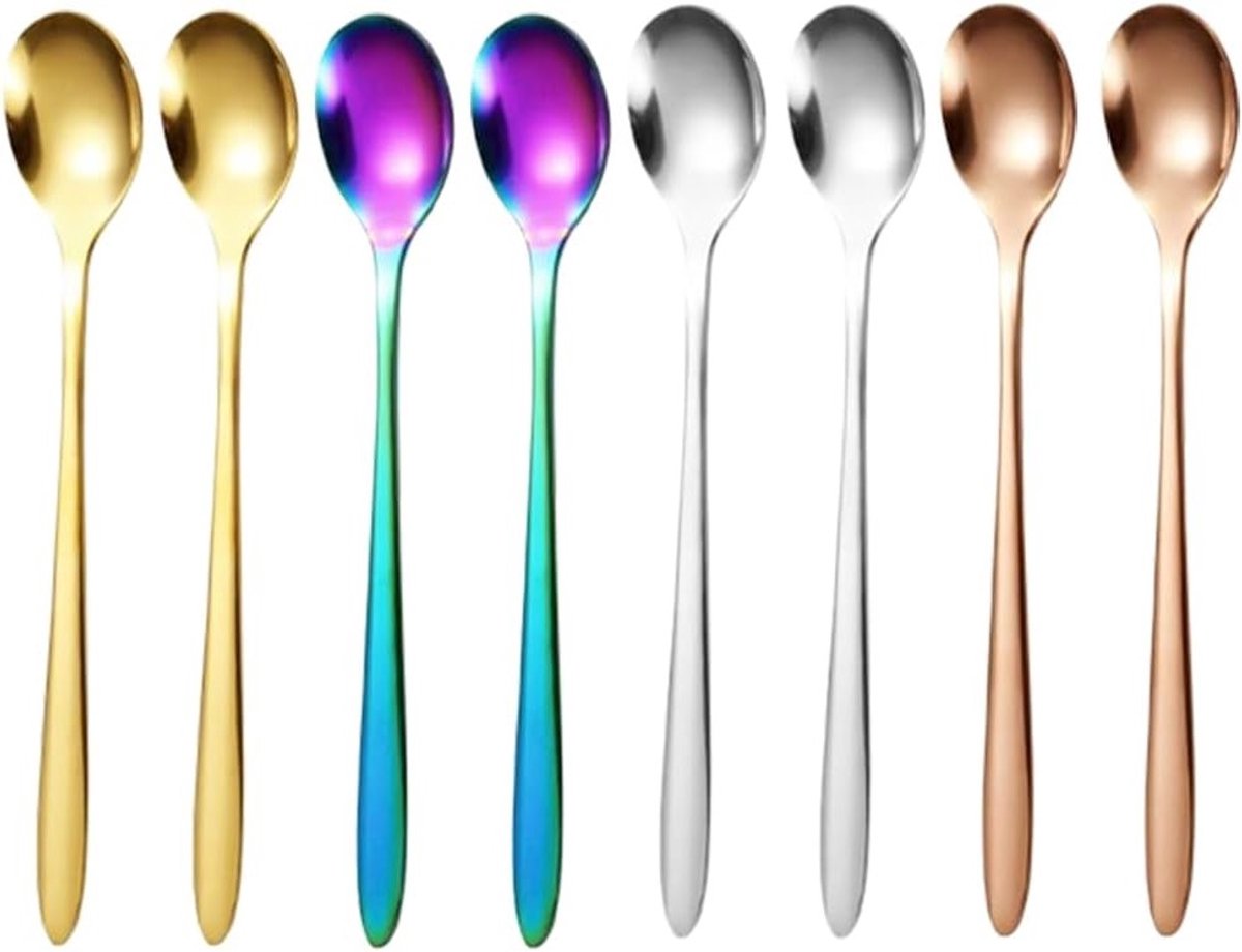 Set van 8 hoogwaardige roestvrijstalen koffielepels, multifunctionele lepelset, duurzaam en kleurrijk design