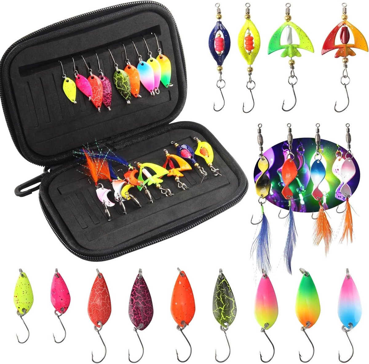 17-delige Lepelset voor Forelvissen - Multicolor 1.5g/2.5g/3.5g - Inclusief Tas en Vissignalen - Perfect voor Alle Weersomstandigheden en Watervisserij