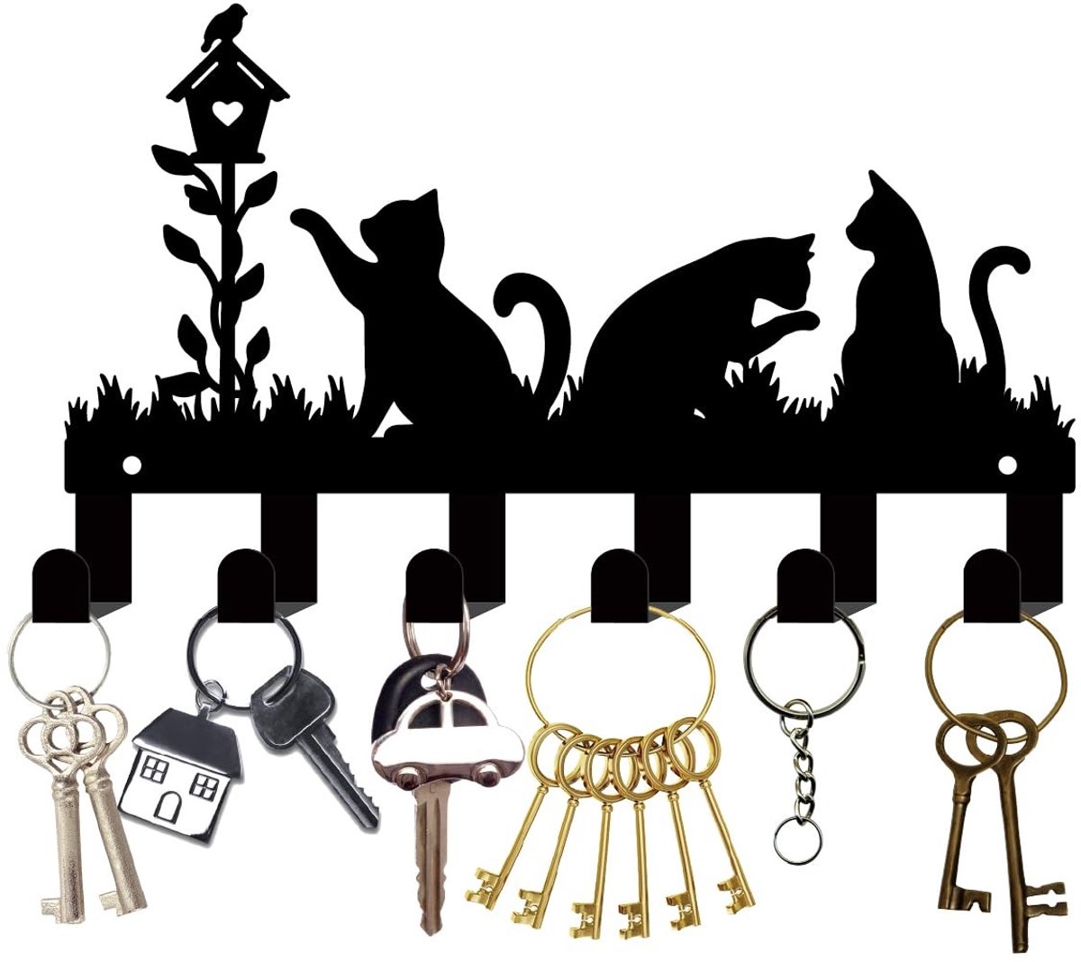 Dailygoods - Dailygoody - Katten Sleutelhouder - Metalen Sleutelhanger - Met 10 Haken - Zwart - Sleutelorganisator - Wanddecoratie voor Entree Hal