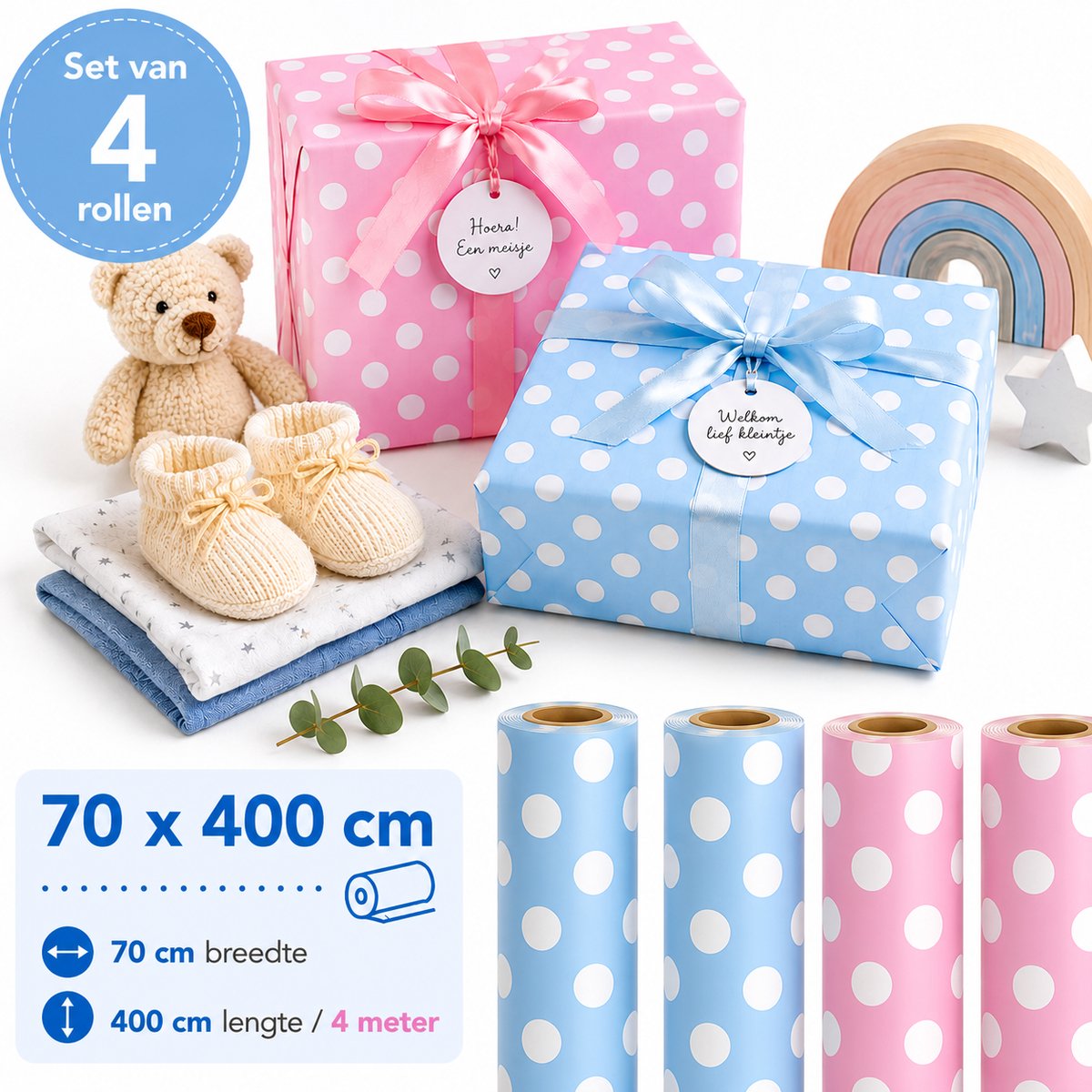 Extra Lang Cadeaupapier Baby Roze & Blauw – Set van 4 Rollen – 70 x 400 cm – Inpakpapier met Witte Stippen – Geschenkpapier Babyshower & Kraamcadeau – foto 6