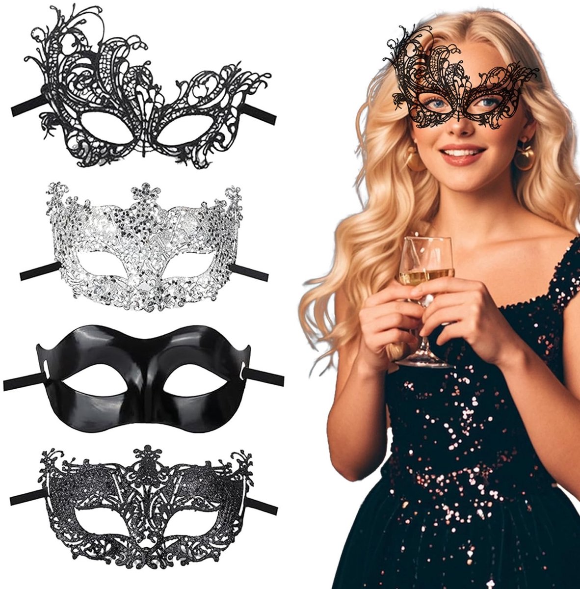 Dailygoods - Dailygoody - Venetiaans Masker - Maskerade Masker - Zacht en Comfortabel - Zwart Zilverkleurig - Perfect voor Carnaval en Cosplay - 4 Stuks
