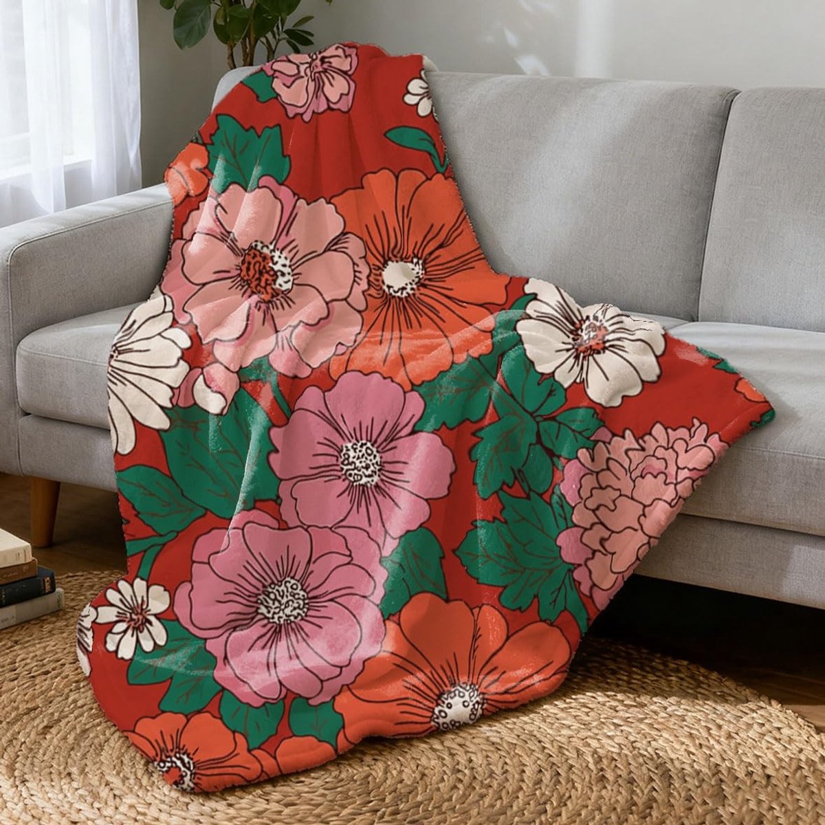 Dailygoods - Zachte Fleece Deken met Rozen en Chrysanten Design