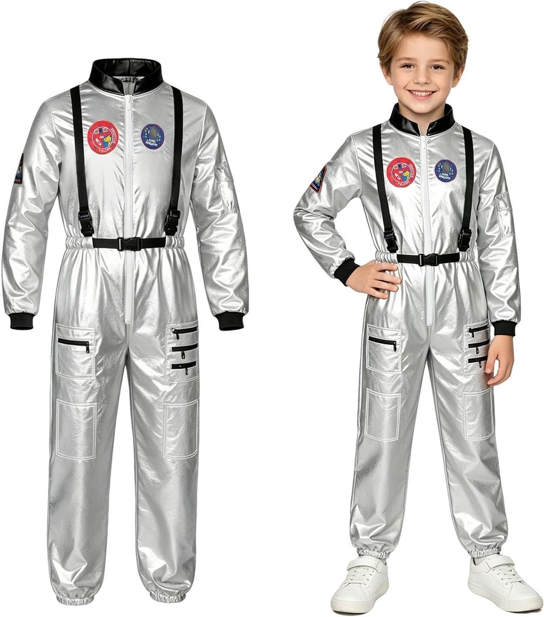 Astronautenkostuum voor kinderen, zilveren unisex ruimtevaarder outfit voor Halloween en cosplay, themafeest (L)