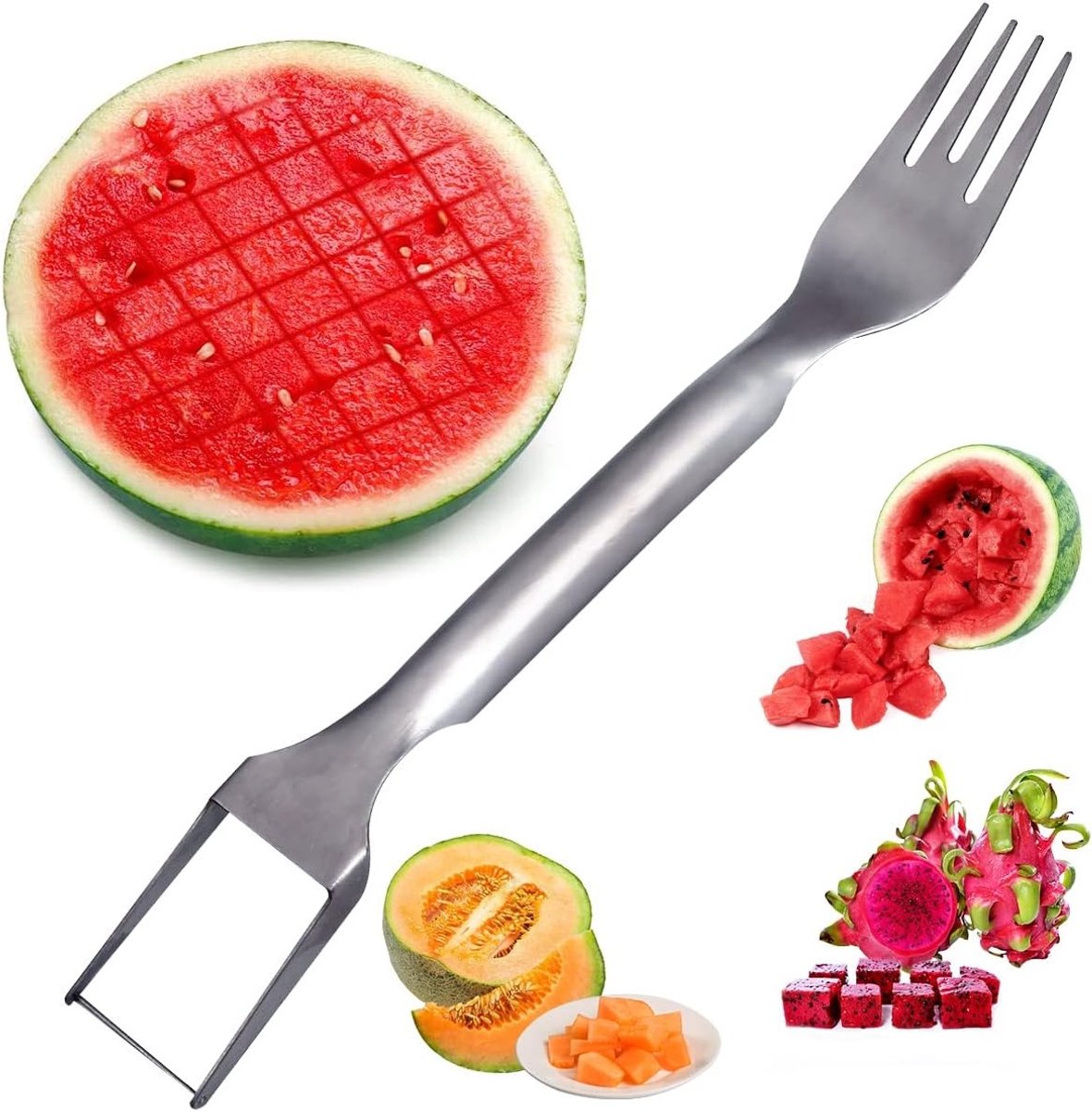 Efficiënte Watermeloen Snijder met 2-in-1 Fruitvork, RVS Melon Cutter voor Perfecte Melonblokjes en Fruitpresentaties