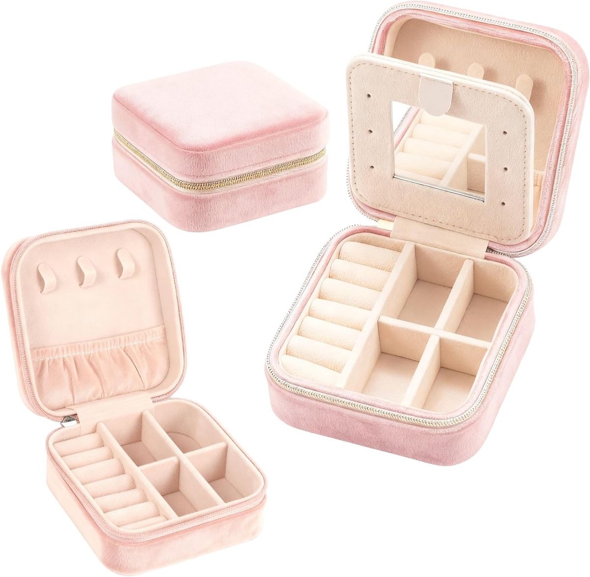 Sieradenopbergdoos met Spiegel, Flanellen Reiskist voor Vrouwen en Meisjes, Perfect voor Oorbellen, Kettingen en Armbanden, Roze, Set van 2