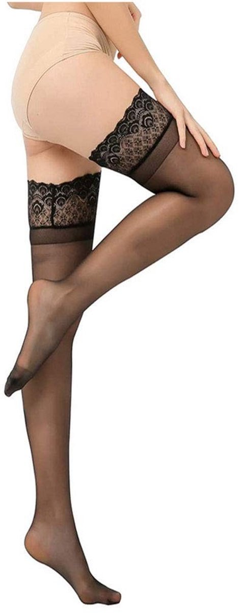 Dailygoody - Dames Sheer Kant Dij Hoge Kousen - Siliconen Anti-slip - Zwart - Semi-ondoorzichtig - Perfect voor elke gelegenheid - One Size