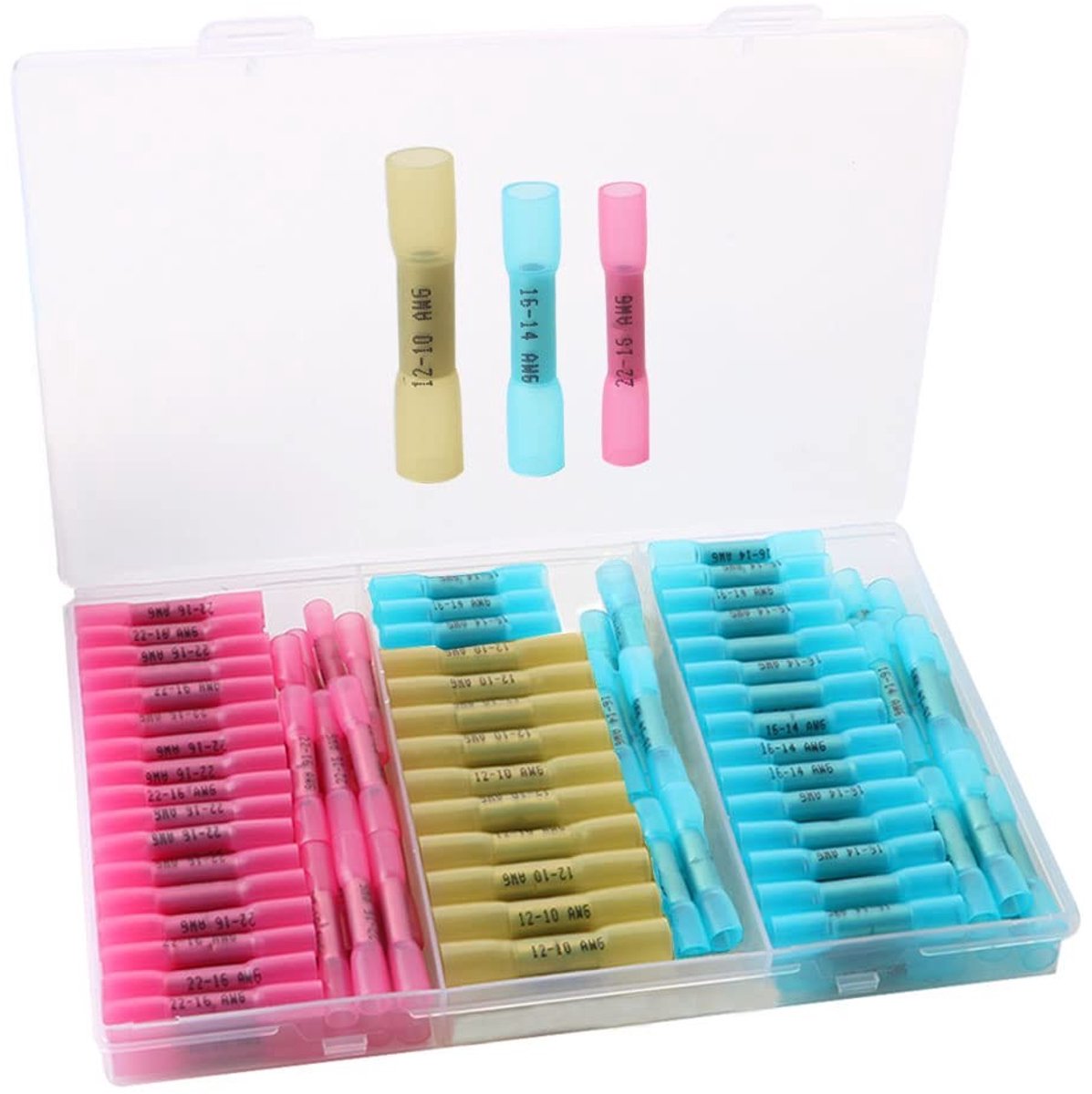 Dailygoody - 100Pcs Krimpkous Stootverbinders Set - Warmtekrimpbare Draad Connector - Waterdicht en Geïsoleerd - Rood, Blauw, Geel - Elektrische Draad