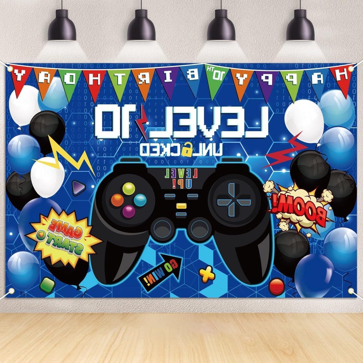 Videogame Achtergrond 180 x 120 cm voor 10e Verjaardag, Level Up Gaming Decoraties en Foto Attributen, Feestversiering voor Gamers